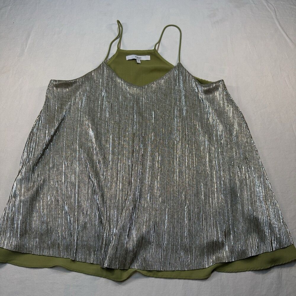 Silver & Green Metallic Cold Shoulder Top Sz 8 Olive Green Shimmer Blouse Next